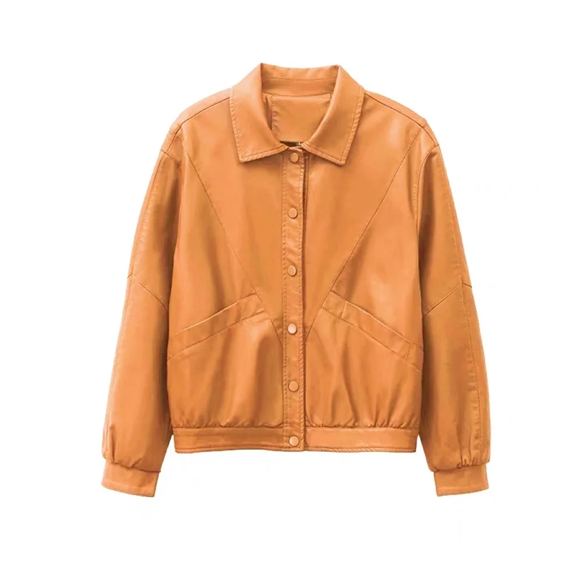 2025 봄 가을 여성용 가죽 재킷 숏 코트 싱글 버튼 턴다운 칼라 루즈핏 얇은 PU 아우터 여성 캐주얼 탑