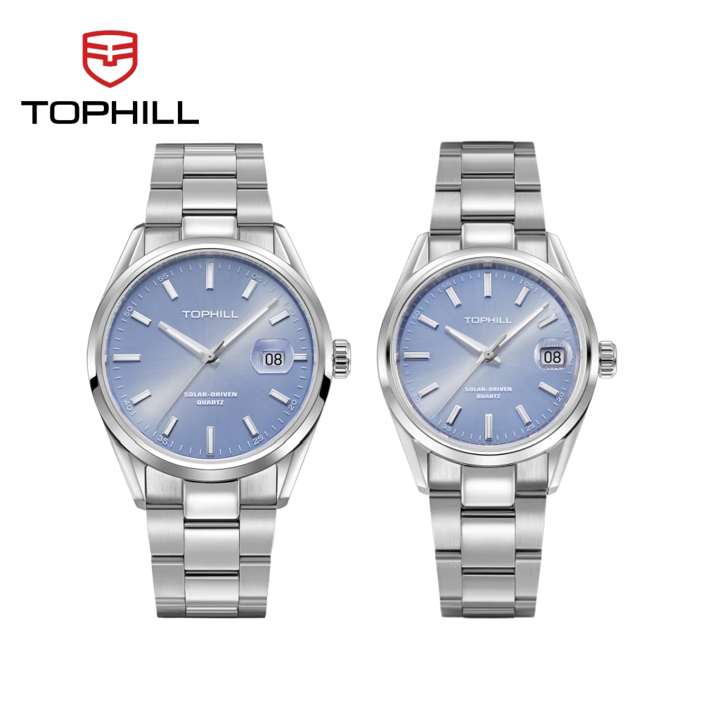 TOPHILL 40/32mm VS42A AS32A Solar Quartz Watches For Men Women Couple Sunray Dial Sapphire 5Bar Waterproof Lume Cyclops TA061G/L