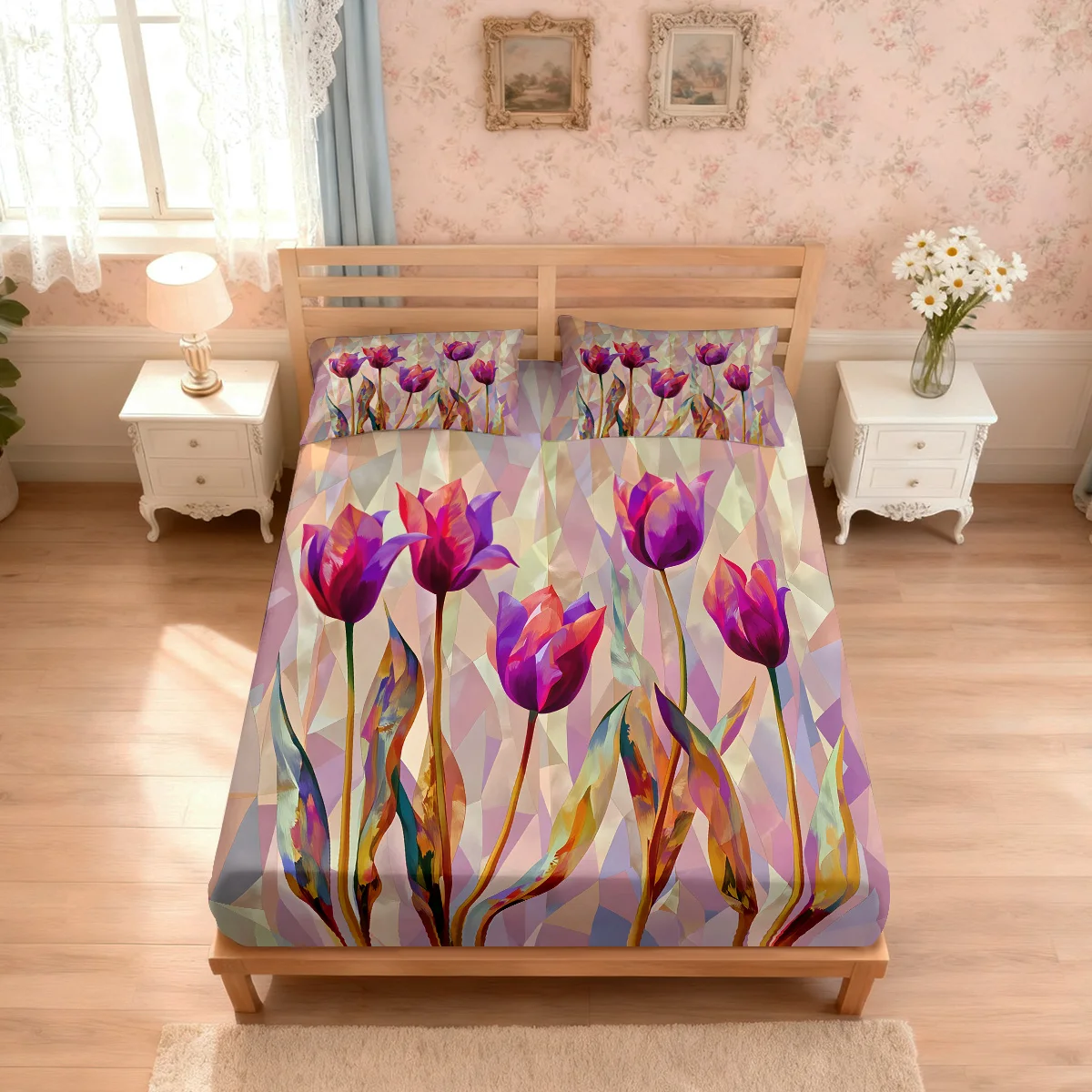 3pcs Tulip Flower Printed Coreless Bed Sheet Set, Multi Size Soft Bed Cover, Bedroom Bedding Decoration, Machine Washable