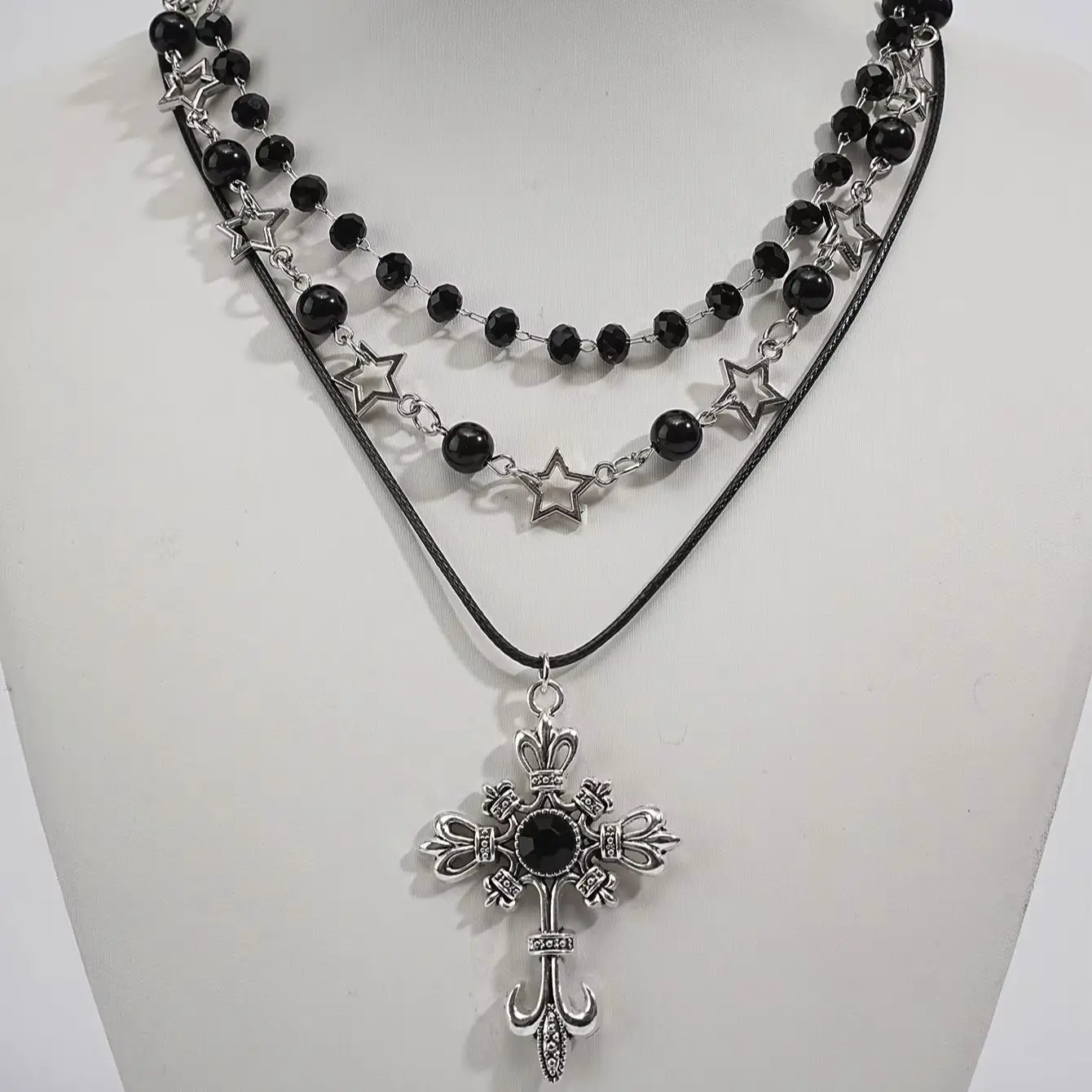 3-piece Gothic layered necklace set with hollow star shaped black beads, retro decorative cross pendant, silver stackable jewelr
