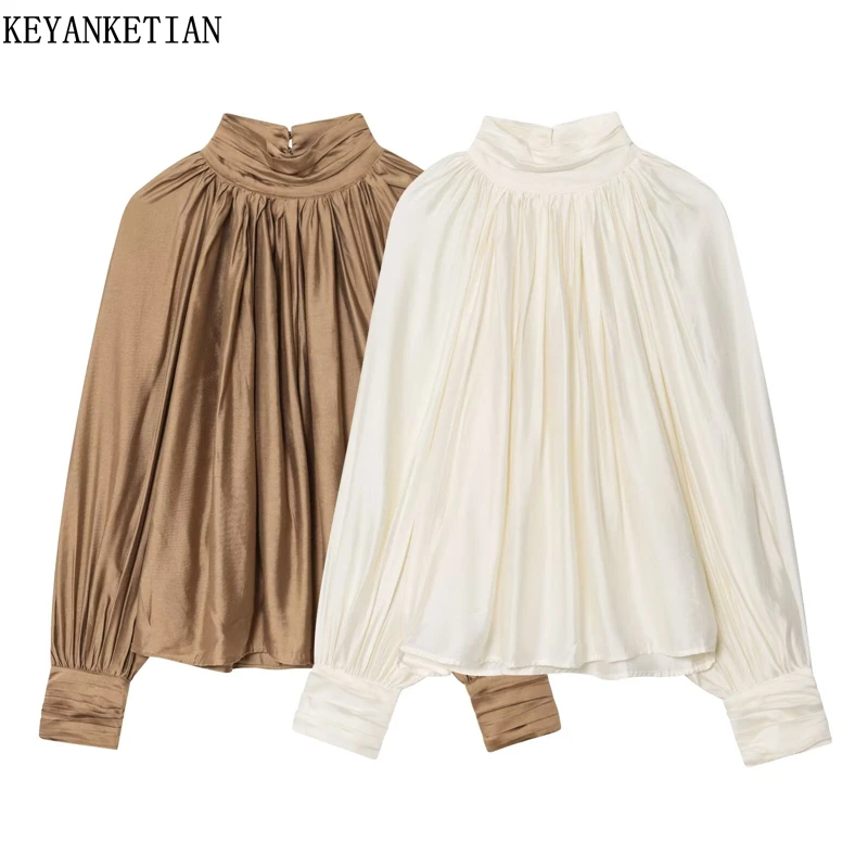 

KEYANKETIAN Spring New Women's Pleated Decorative Shirt Solid color Office Lady Fashion Mock Neck Loose Long Sleeve Pullover Top