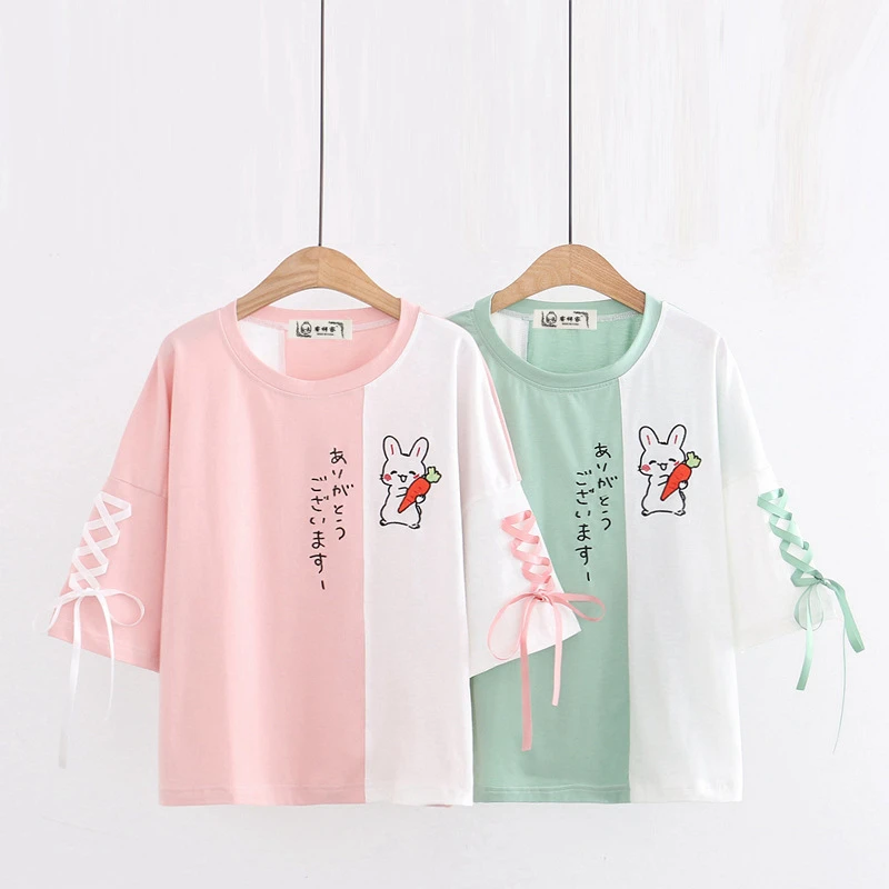 Summer New Fresh Top Cartoon Carrot Rabbit Print Colored Round Neck Short Sleeve Tie Personalized T-Shirt Cute Women's Wear