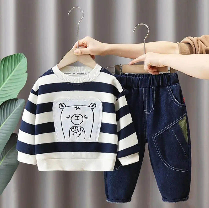 Korean Style Baby Boys Clothes Luxury Designer Outfits 2024 New Striped Embroidered Bear Hoodies+Pants Toddler Children Suits