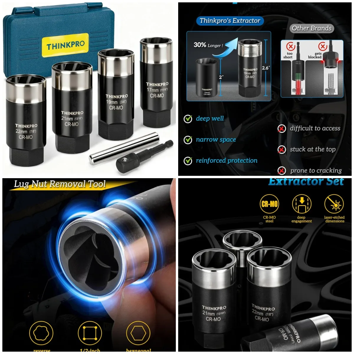 

Набор инструментов для снятия гайки с проушинами из 6 предметов, глубокий экстрактор привода 1/2 дюйма для зачищенных гаек, комплект блокировки колес 17/19/21/22 мм