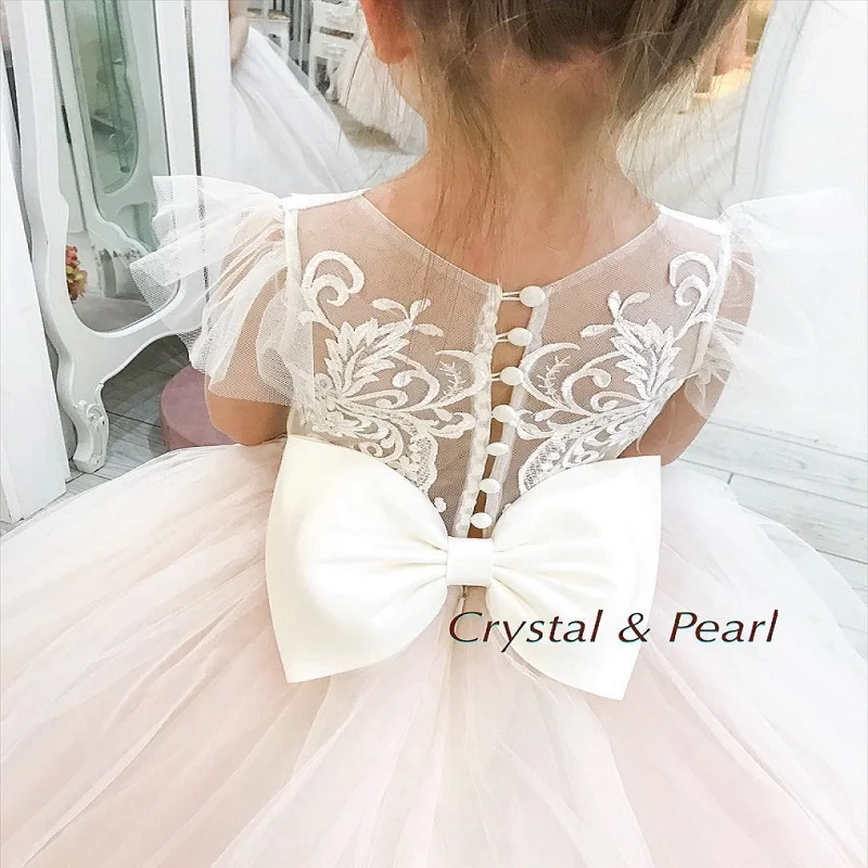 Xunbei Vestido De Fiesta สาวชุดลูกไม้ Tulle Bows เด็ก First Communion ชุดเจ้าหญิงชุดบอลงานแต่งงานชุด