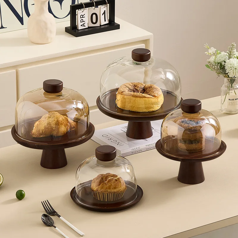 

Modern Round Wooden Cake Tray with Glass Cover Dessert Bread Display Stand Fruit Snack Plate Kitchen Utensils Holiday Decoration