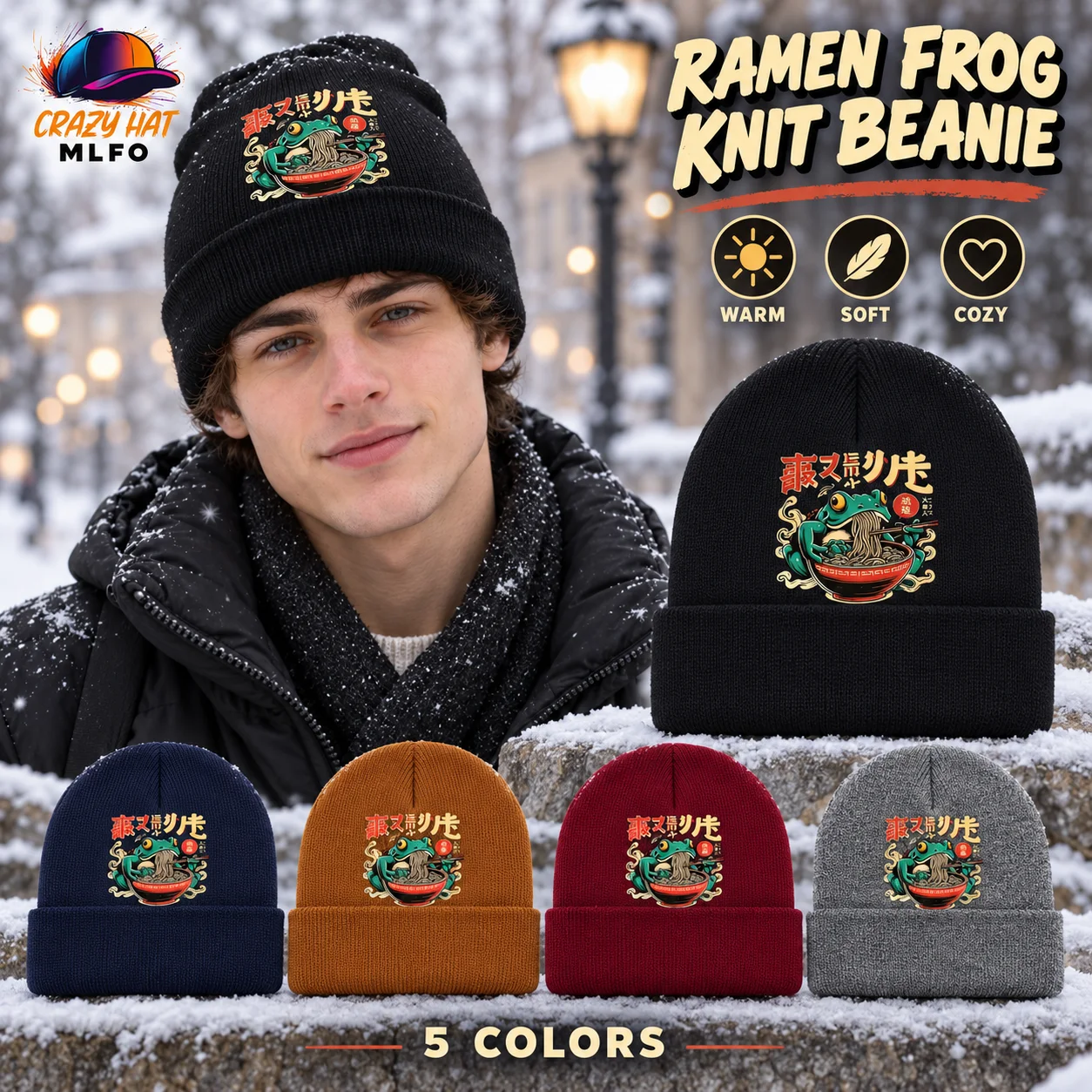 Vintage Fashion Knit Beanie, Retro Frog Ramen Art Print, Great for Urban Streetwear & Casual Shopping