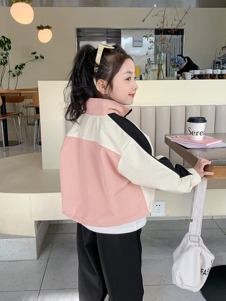 Kids Girls Spring Windbreaker Jackets Colorblocking Trench Zipper Coats Autumn Children Casual Clothes Baseball Outerwear 2-10 Y