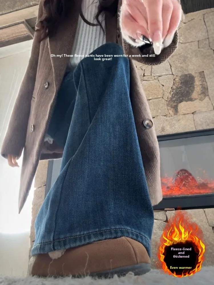 

plus Size Fce Lined Thi High Waist Wide Leg Jeans Women Spring Slim Fit Skinny Bootcut Denim Pants Retro Sle Warm