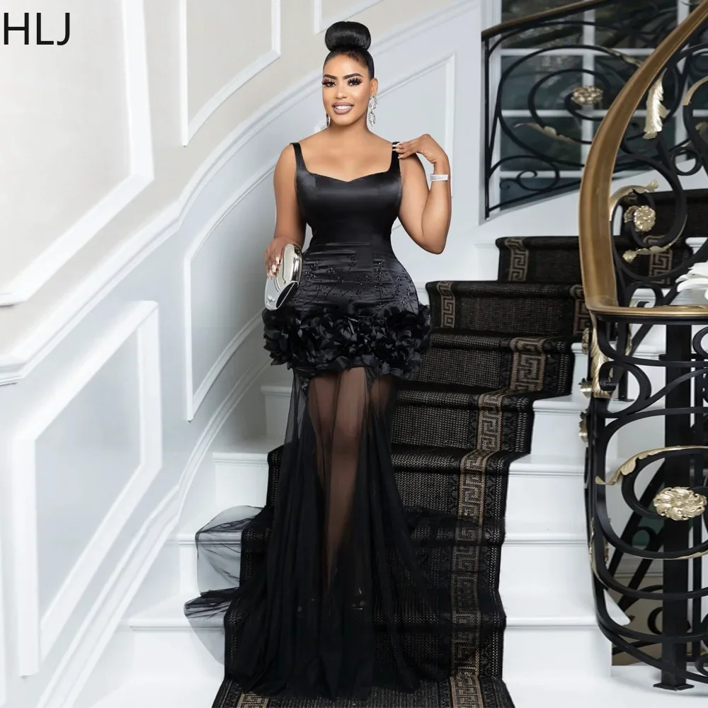 HLJ Black Fashion Mesh See Though Stitching Ruched Evening Party Long Dress Women Spaghetti Strap Rhinestone Slim Vestidos Robe