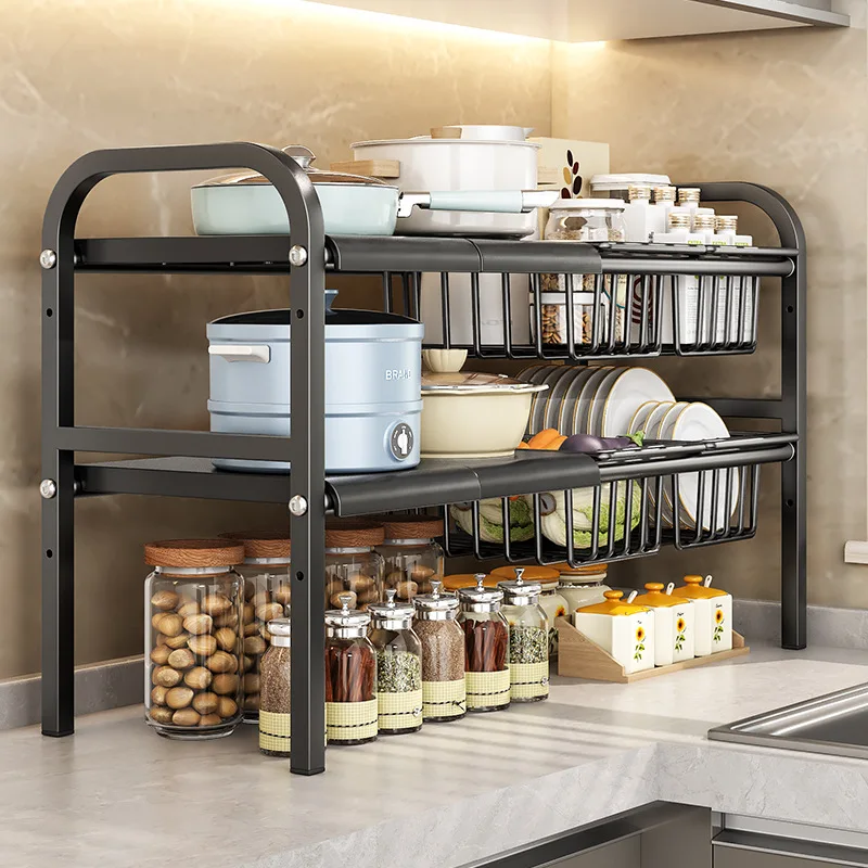 2 Tiers Multifunctional Pots Pans Cookware Storage Rack Kitchen Counter Cabinet Basket Kitchen Under Sink Adjustable Dish Rack