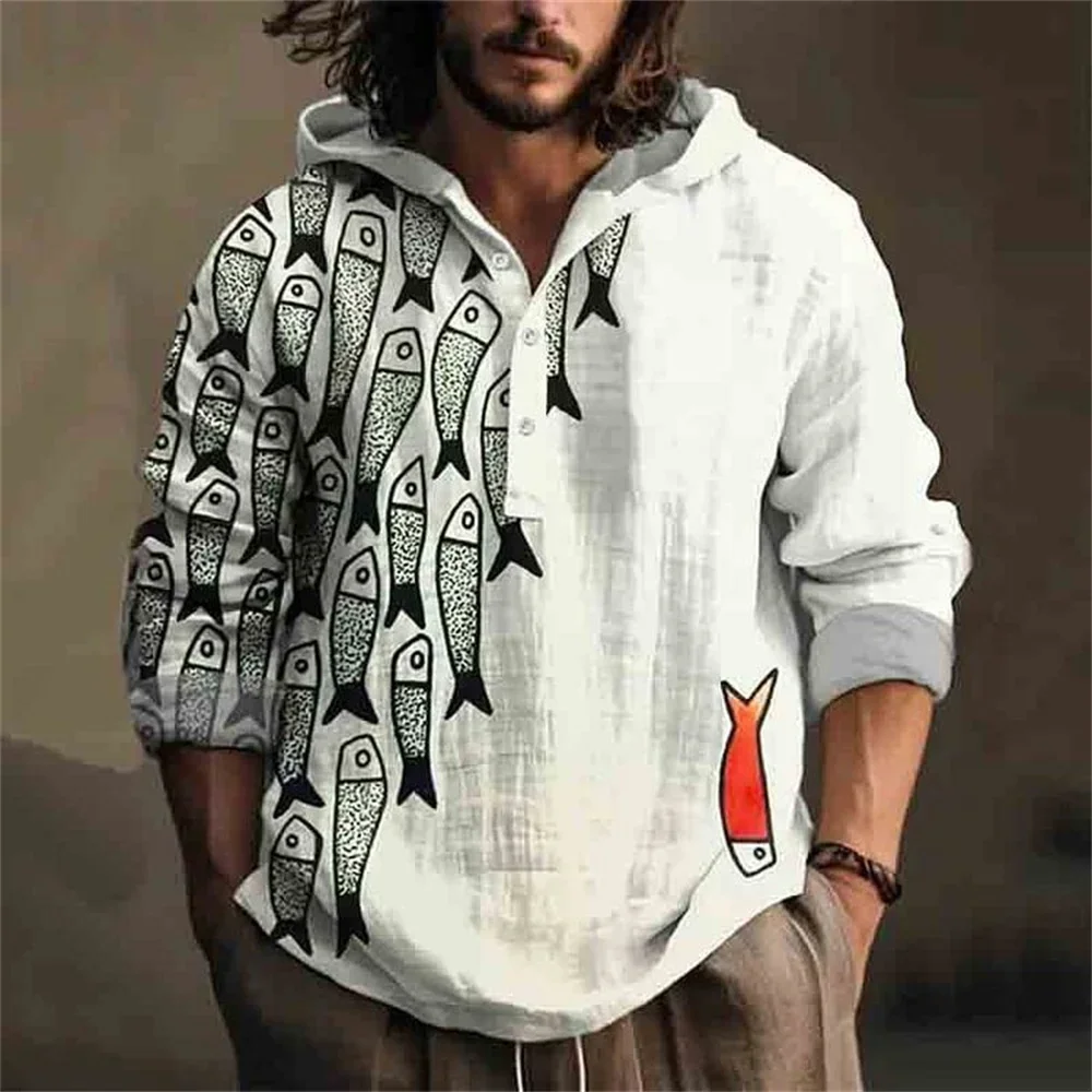 New men's hoodie fashion simple bamboo linen spring and autumn versatile creative art print small fish shirt men's tops