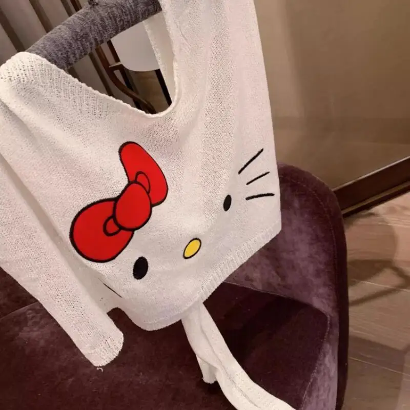 2026 New Hello Kitty Pattern Shawl Women's Summer Simple Top Dress Up Cute Cartoon Playful Knitted Shawl Sweet Girly Small Scarf