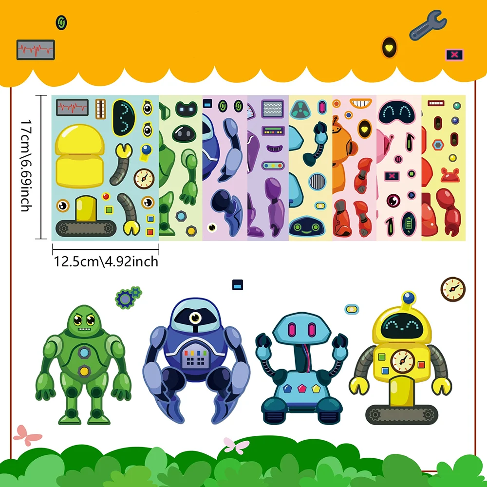 8/16Sheets Children Assembly Robot Face Puzzle Sticker PVC Material Children’s Educational Decoration DIY Party Toy Gift Sticker