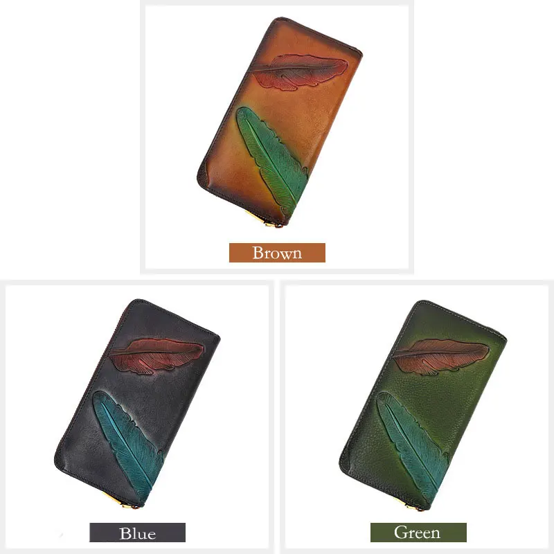 Bloem en plant reliëf lange lederen portemonnee creditcard slotzipper tas draagbare tas vintage dames toplaag koeienhuid portemonnee