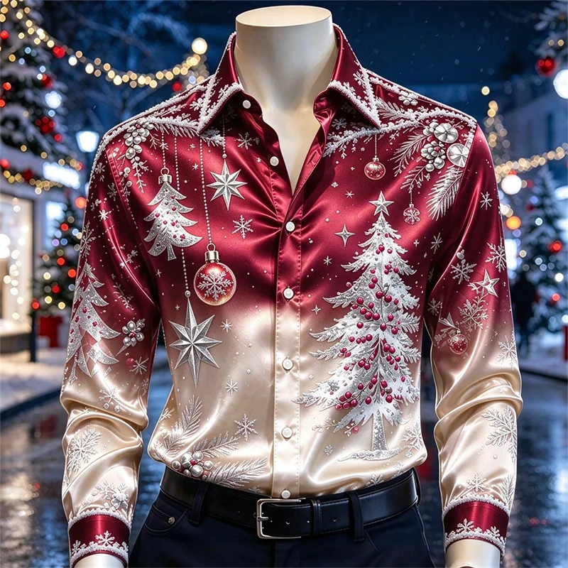 New men's long sleeved shirt with wine red gradient silver Christmas tree pendant ball and star print Christmas shirt