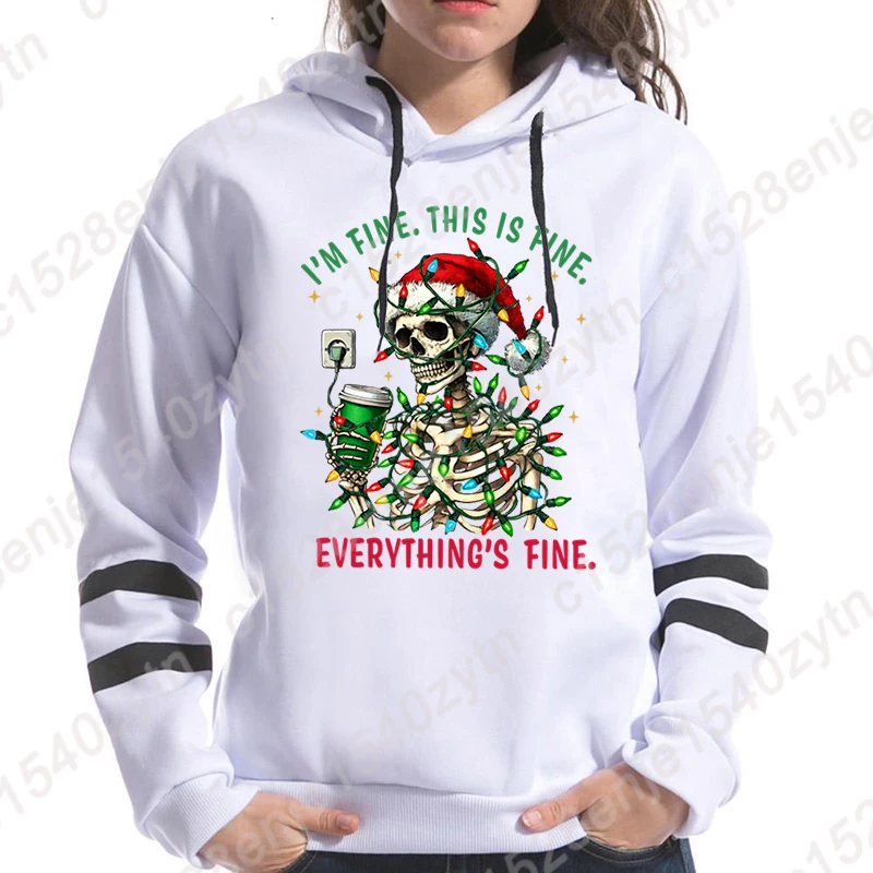 Fashion Christmas Light Skeleton I\'m Fine This Is Fine Print Hoodies For Women Autumn And Winter Casual Sports Ladies Hoodie Top