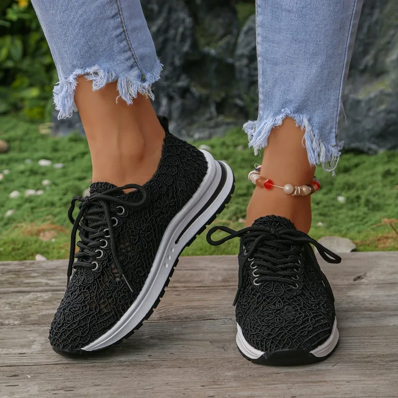 Women's Floral Lace Crochet Platform Sneakers - Lace-Up Breathable Thick Sole Comfortable Summer Casual Walking Shoes
