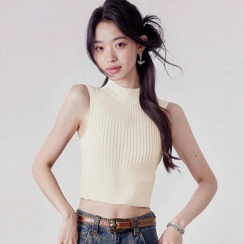 

Sleeveless Half Turtleneck Solid Color Korean Style All-match Basic Knitted Top Women's Clothing