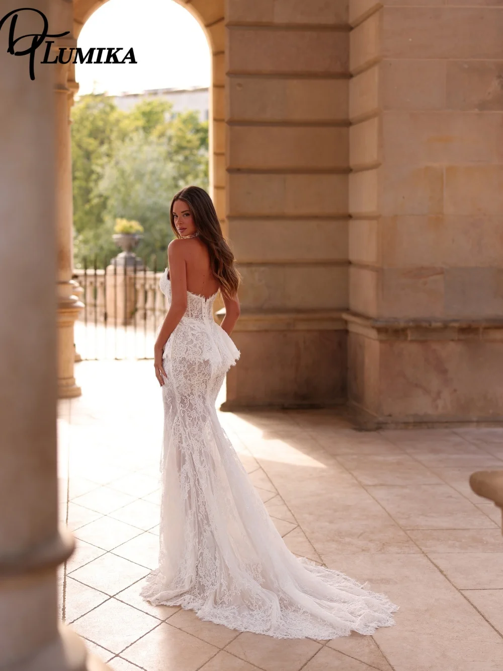 Chic Strapless Lace Mermaid Bridal Gown Corset Peplum Wedding Dress With Fitted Silhouette Choker Customized Vestido De Novia
