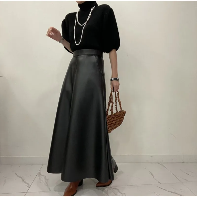 Jupe en cuir Pu noir pour femmes, avec poches, grand ourlet, taille haute, Maxi, longue, ligne a, bureau, Streetwear, automne hiver