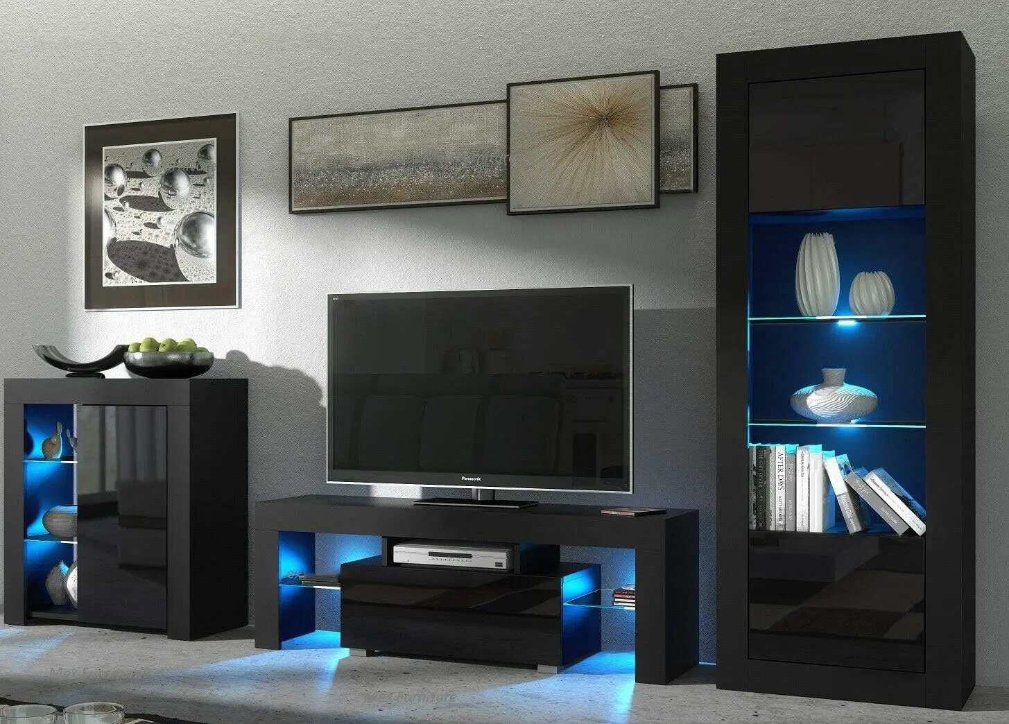 حامل تلفزيون حديث وبسيط مع LED، حامل تلفزيون وطاولة وحدة تحكم مركزية للترفيه لغرفة المعيشة، لتلفزيون مقاس 51 بوصة (أسود)