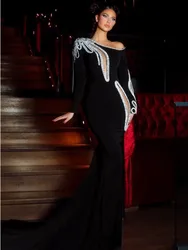 Women Luxury Sexy Long Sleeve Diamonds Black Velvet Cut Out Maxi Long Gowns Dress Elegant Evening Party Club Dress