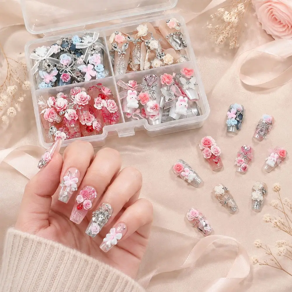 96Pcs Box Set Press‑On Fake Nails 4 Different Coffin Styles 3D Rose Rabbit Bow Rhinestone Embellishment Reusable For Nail Art