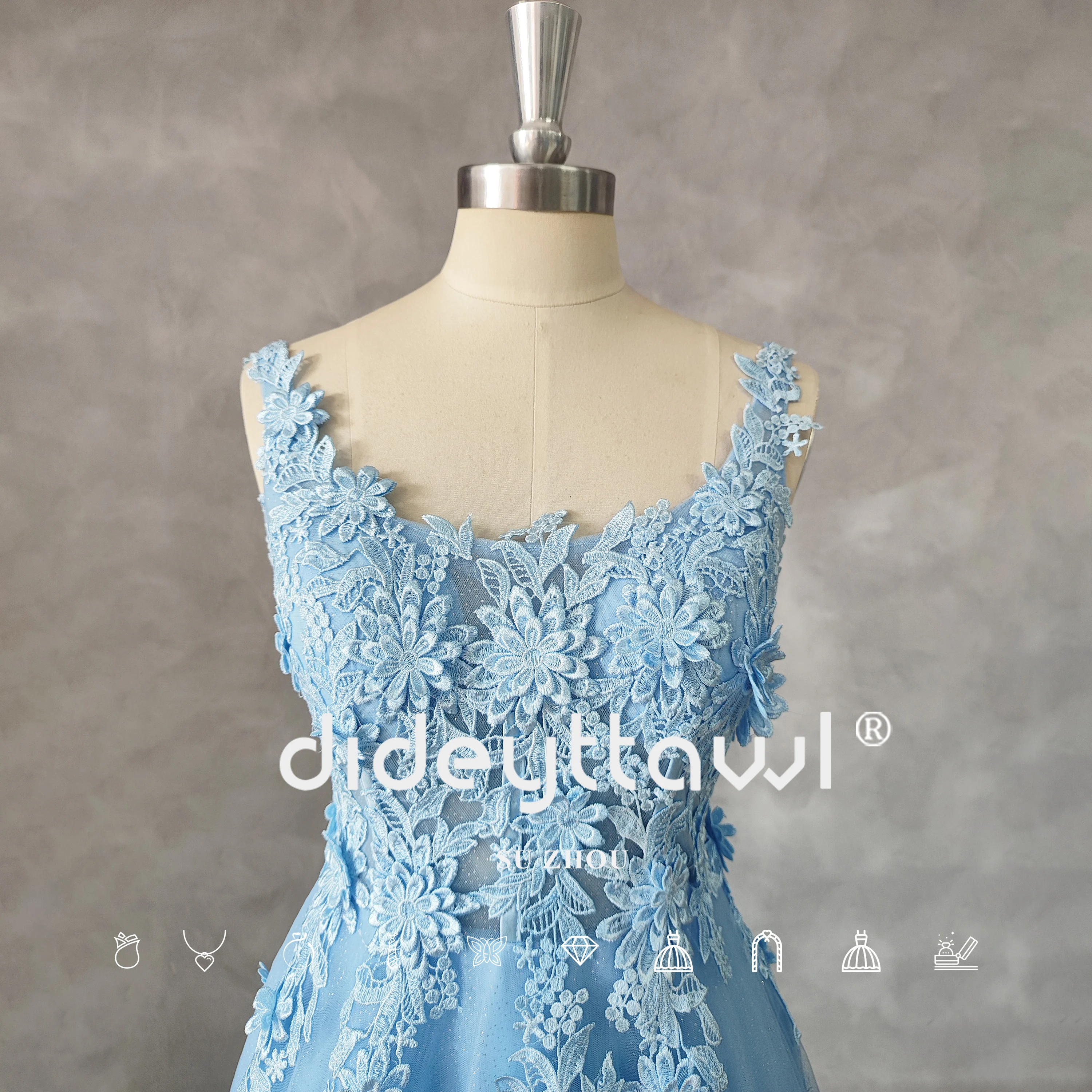 DIDEYTTAWL-A-Line Tulle Prom Dress, O-Neck, apliques de flores, sem mangas, linha A, renda para cima, fada, comprimento do chão, vestido de noite, fotos reais