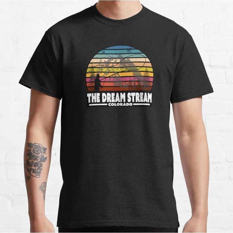 

The Dream Stream River Colorado Fly Fishing Retro Outdoors sport gift for fishermen crewneck T-shirt large size Adult Tops