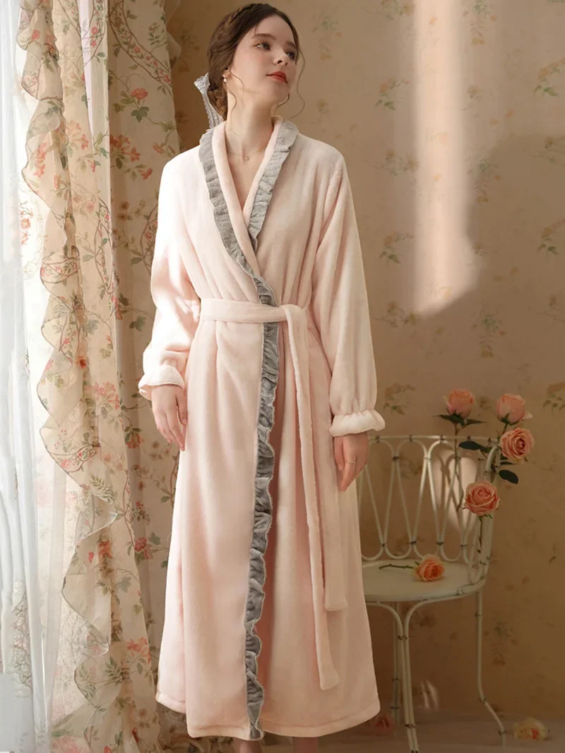 Pink Women Coral Velvet Pajamas Autumn Winter Long Sleeve Flannel Robe Dress Sweet French Vintage Princess Nightwear Sleepwear