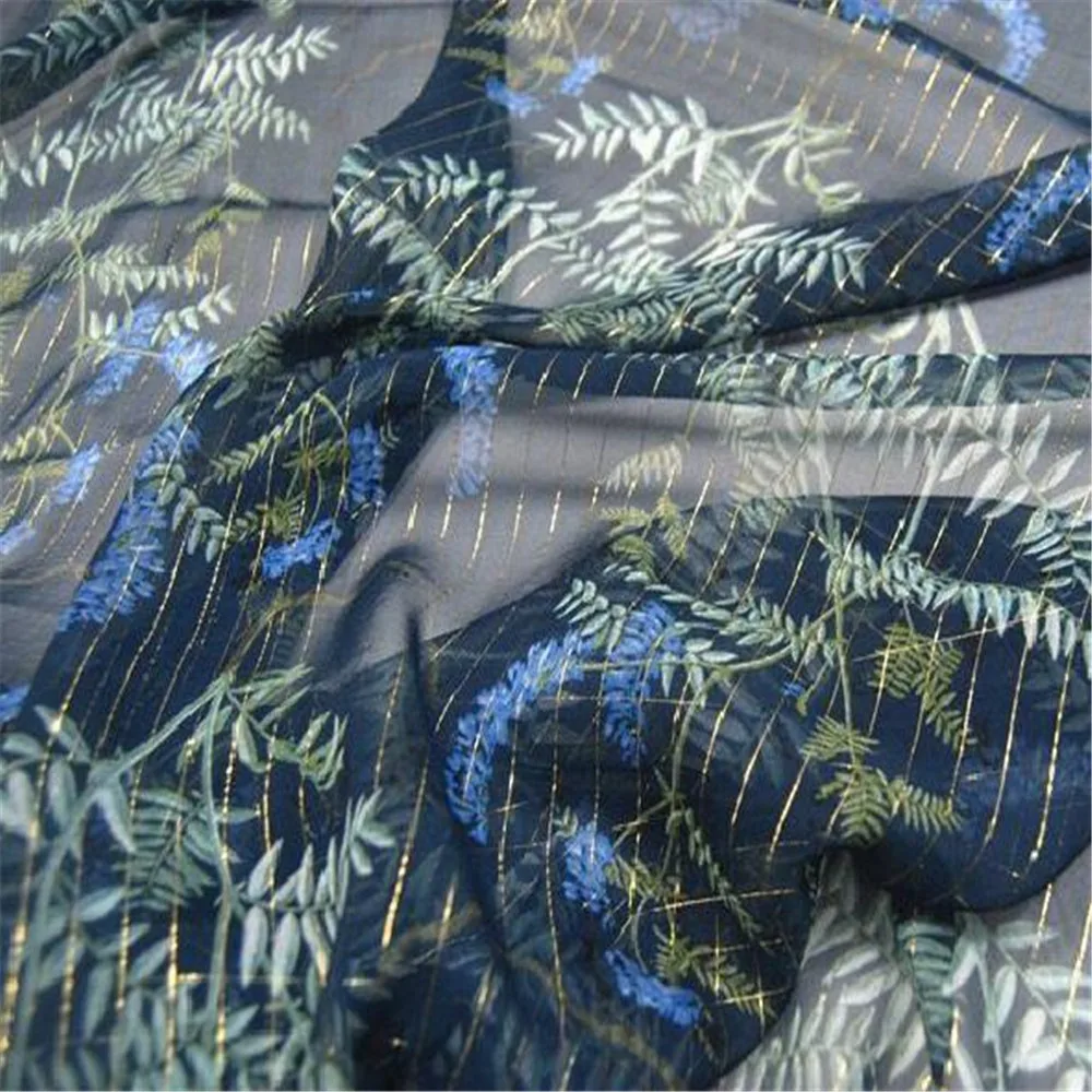 Sheer Popular Printed Natural Pure Printed Leaf Plant Silk Metalllic Line Fabric for Lady Spring Scarf Dress