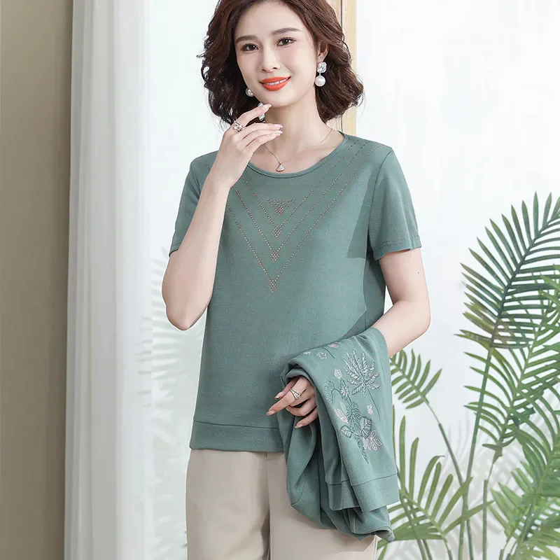 Mid Aged Women Fashion Coat Tops 2024 New T-Shirt @ Embroidered Coat Shawl Two Piece Spring Summer Autumn Outerwear Clothing