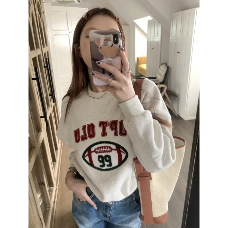 

Grey Women Sweatshirt Embroidery Vintage Long Sleeve Korean Fashion Casual Y2K Style Autumn 2023 NEW Female Pullover Tops