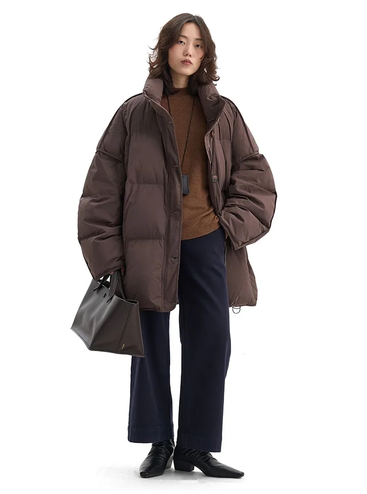 Women's Mid-Length Oversized down Jacket with Stand Collar, Warm Oversized Jacket Filled with White Duck Down, New Winter 2025 Model