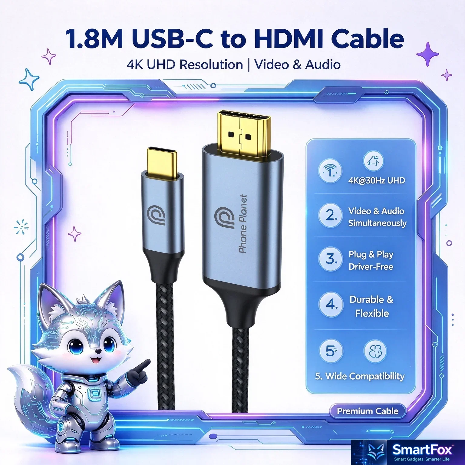 1.8M 4K Type-C/L to HDMI Cable 4K@30Hz/60Hz UHD Video Audio Simultaneously Plug & Play Braided Cable For Phone Laptop Ipad