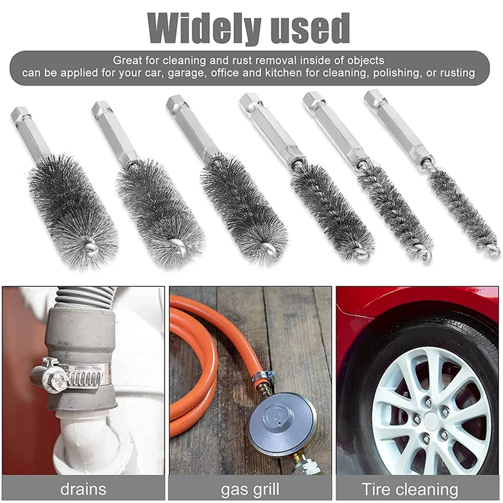 Escova de limpeza de aço inoxidável, tubo de fio, limpador de máquinas, ferramentas de polimento de lavagem, 8mm 10mm 12mm 15mm 17mm 19mm