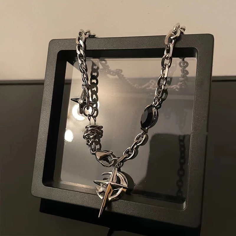 JWER New Y2K Cuban Figaro Chain Star Moon Pendant Necklace Men Punk Black Zircon Chain Choker Necklace For Men Jewelry Gifts image 2