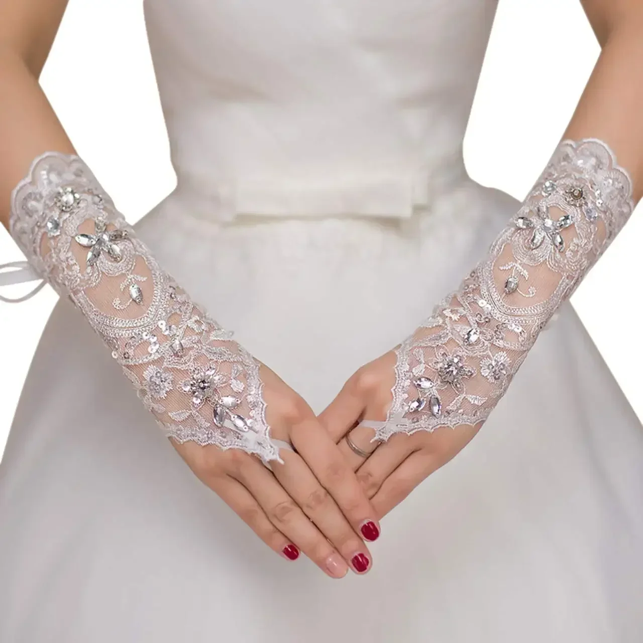 Lace Gloves Bridal Fingerless Gloves Tulle Crystal Sequins Prom Party Wedding Gloves