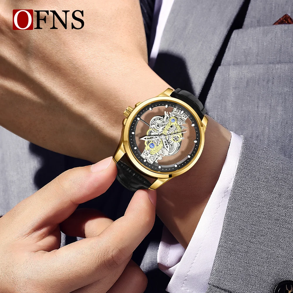OFNS 7109 ساعة كوارتز رجالية فاخرة موضة الاتجاه شفافة مجوفة مضيئة مقاوم للماء ساعة كوارتز رجالية