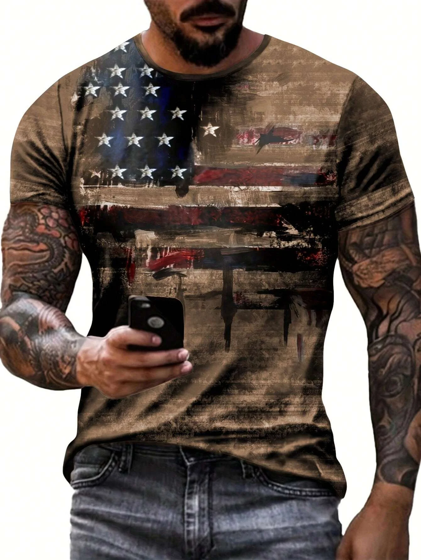 

2024 American Independence Day T-shirt Men Summer Casual T-Shirt With American Flag Print Round Neck Short Sleeve street clothes