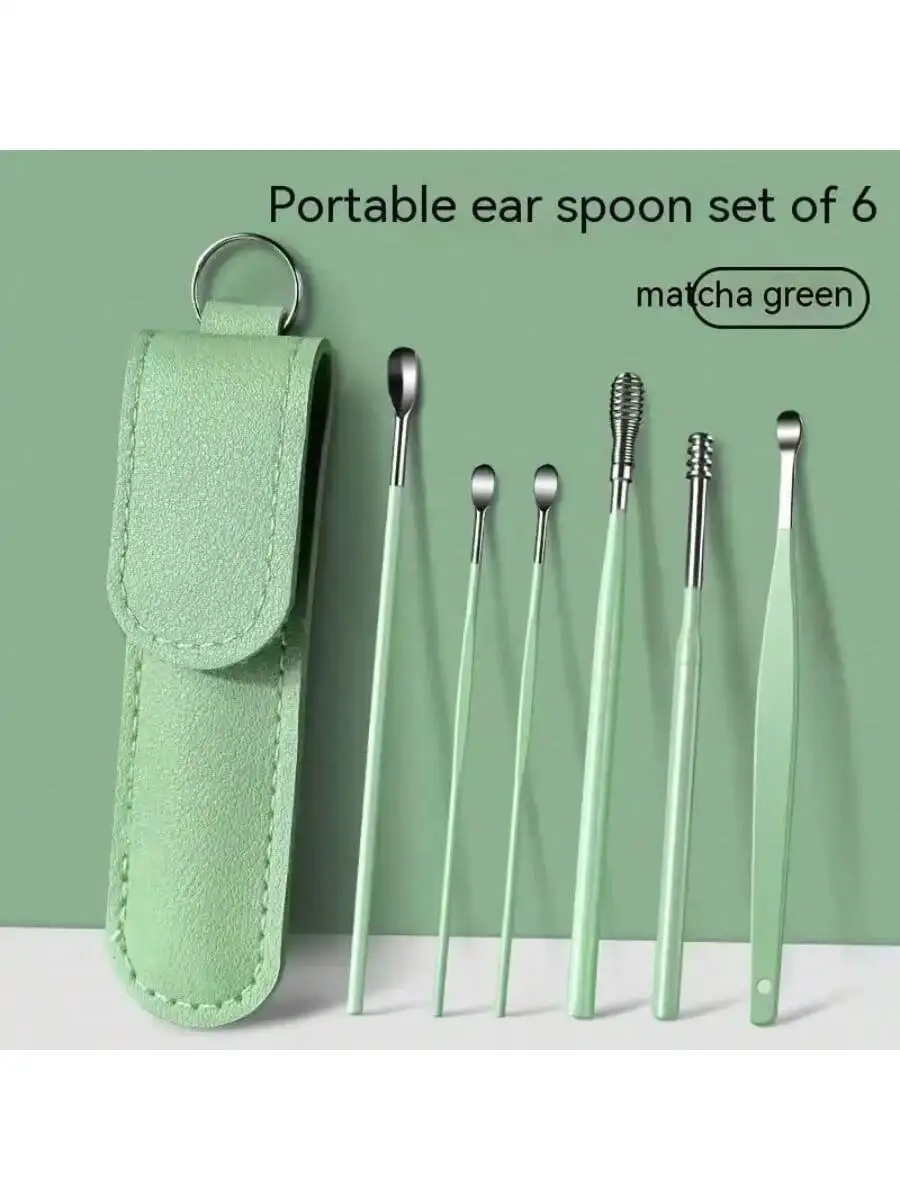 

Набор для чистки ушей из нержавеющей стали, 6 предметов. Набор ушных ложек из нержавеющей стали - средство для удаления ушной серы, инструмент для чистки ушей, портативный, в кожаном чехле