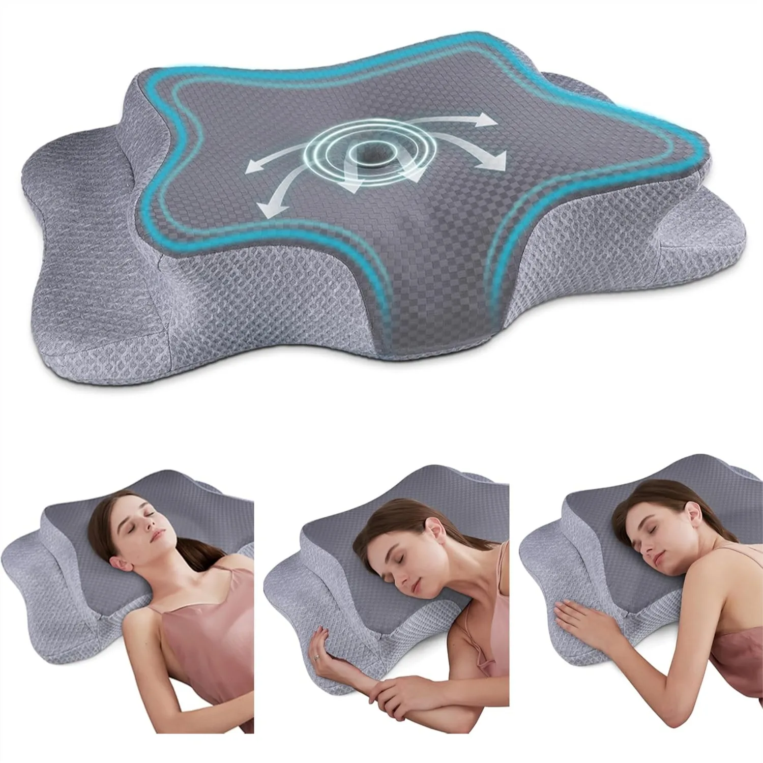

Memory Foam Cervical Neck Pillow for Sleeping, Ergonomic Side Sleeper Support with Cooling Cover, Queen Size Grey
