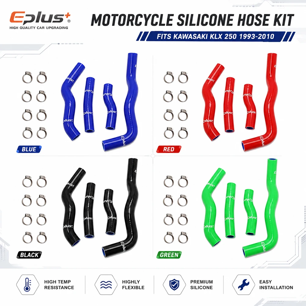 Silikon-Kühlmittelschlauch-Set für Kawasaki KLX 250 1993–2010, 4-lagige Kühlerschläuche, Rot/Blau/Schwarz/Grün
