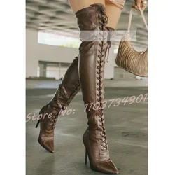Brown Lace Up Pointy Toe Crotch Boots Ladies Trendy Slim Zipper Stiletto High Heels Boots Women Party Elegant Casual Retro Shoes