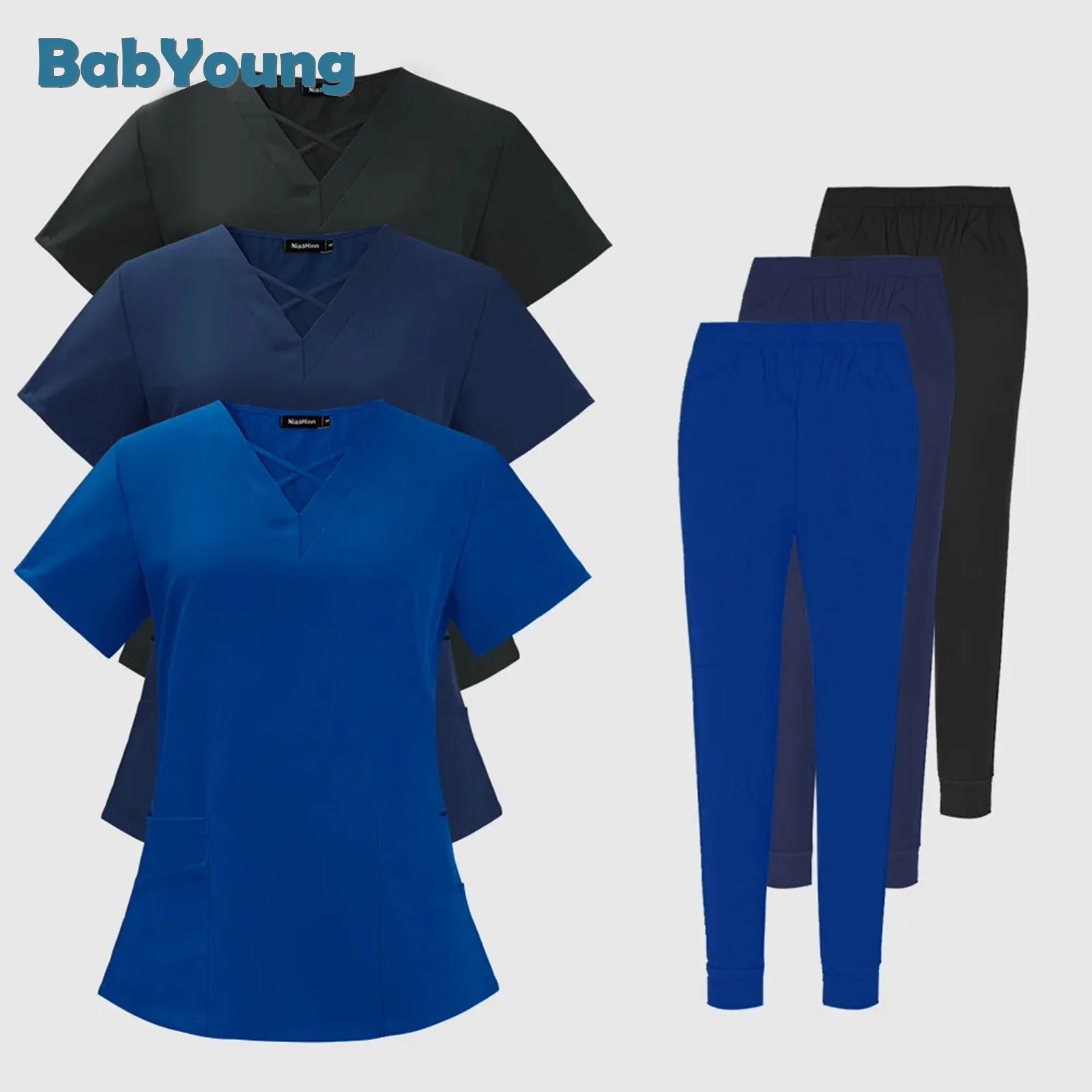 Wholesale Price Pet Hospital Uniform Scrub Suits Solid Color Unisex Surgical Gown Pocket V-Neck Scrubs Set For Women Joggers