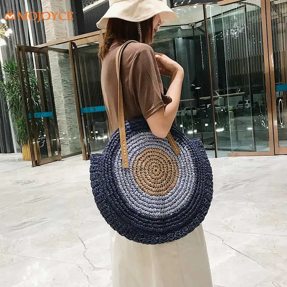 Summer Round Straw Rattan Shoulder Bag Japanese&Korean Style Female Hand Bags Color Patchwork Handmade Woven Beach Totes Bag