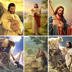 Diamentowe malowanie jezus pełne kwadratowe okrągły diamentowy haft postacie religijne pasterz obraz Rhinestone dekoracje dla domu DIY