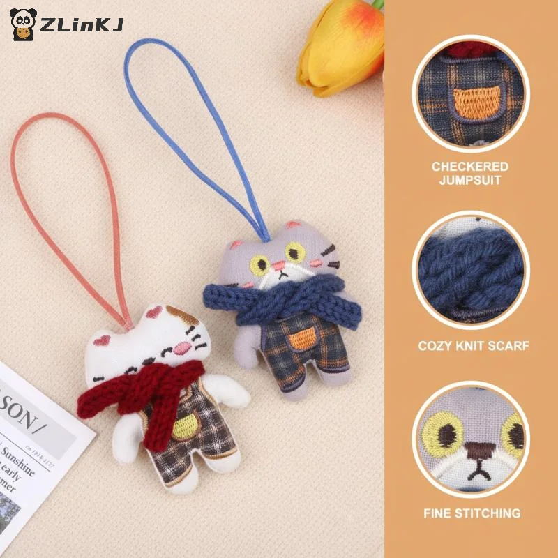 ▶Cute Cat Plush Keychain Mini Scarf Kitten Doll Pendant Fabric Animal Charm Backpack Bag Car Key Decor Couple Gift