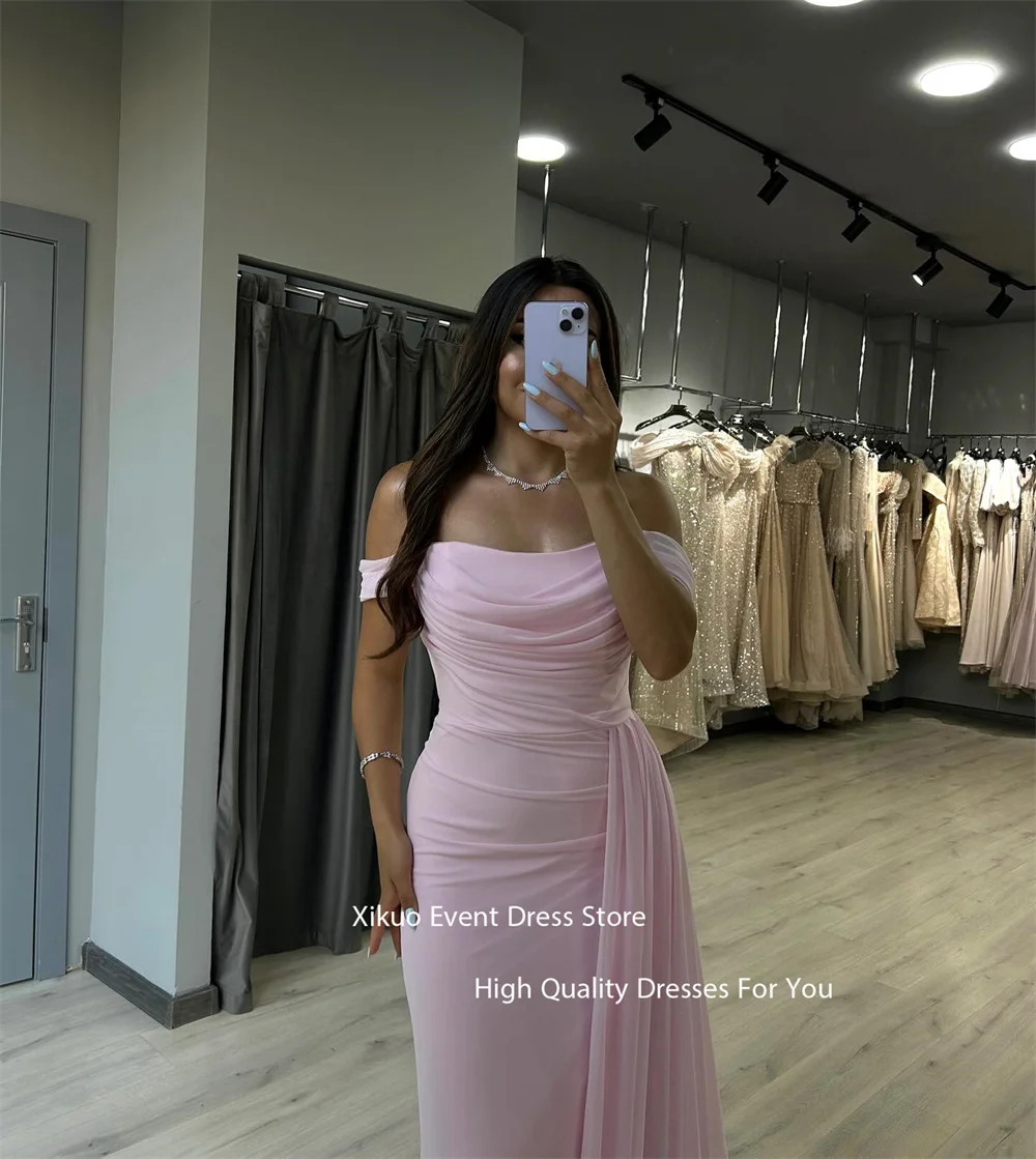 Xikuo Rosa Gerafftes Abendkleid Asymmetrische Chiffon-Partykleider Schulterfrei Stilvolles bodenlanges Vestidos De Fiesta Maßgeschneidert